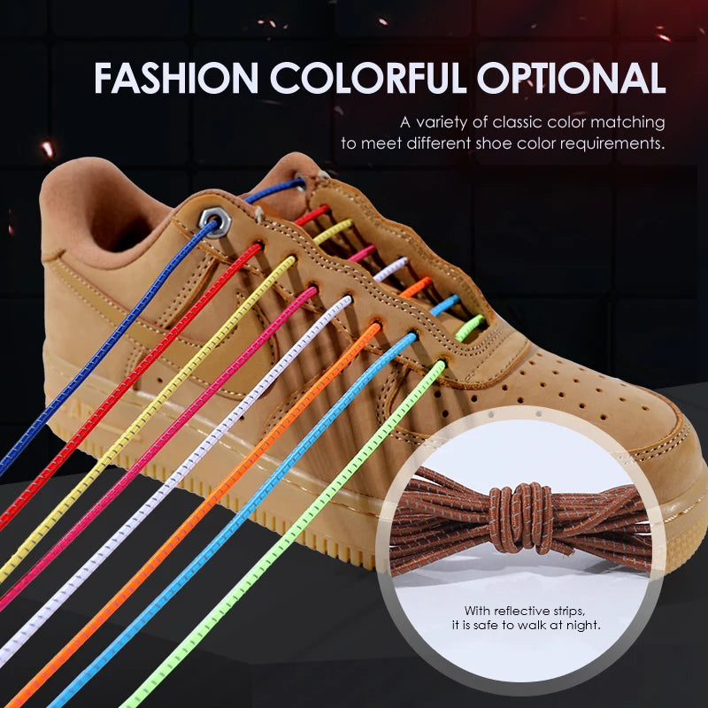 1 Pair Reflective Round laces Metal Lock No Tie Shoelace For Kids Adult Sneakers Quick Elastic Shoelaces Lazy Laces