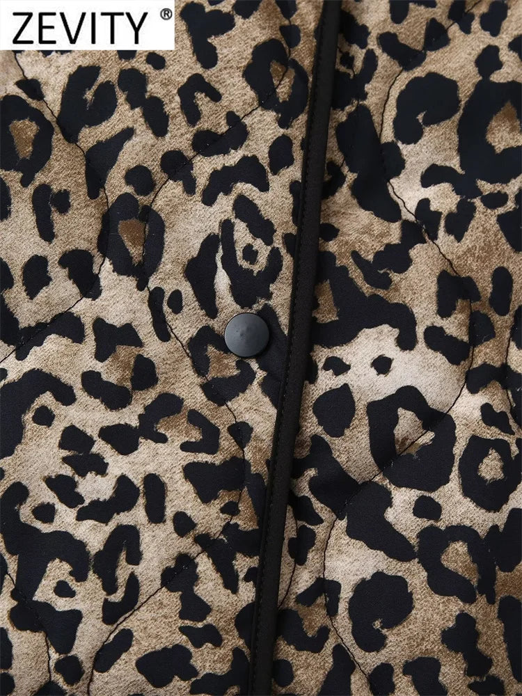 ZEVITY 2024 Women Vintage Leopard Print Quilted Cotton Jacket Female Chic Long Sleeve Buttons Casual Slim Coat Tops CT6287