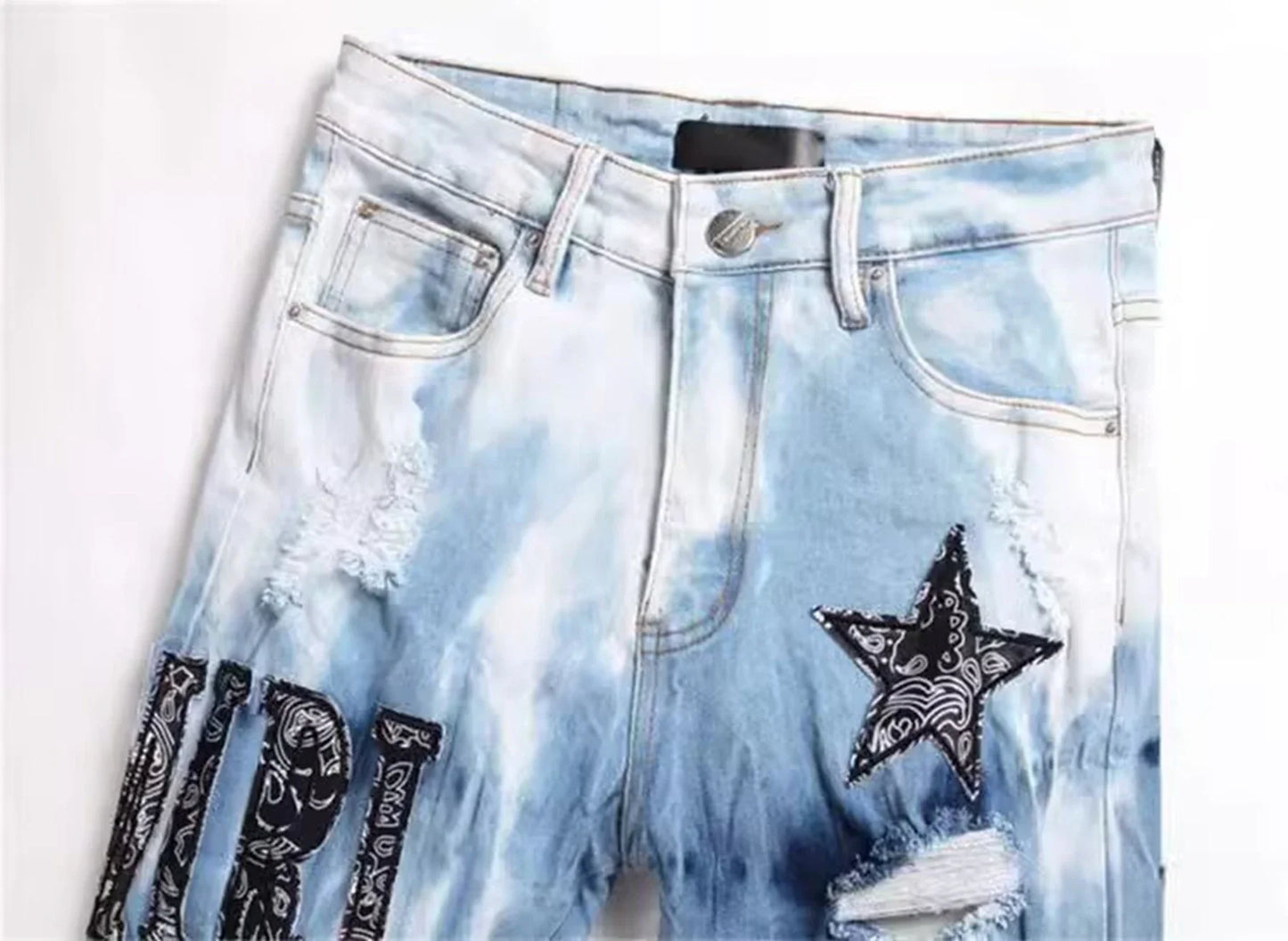 Y2K Star Embroidery Broken Hole Jeans Tie Dyed  Light Blue Cotton Stretch Streetwear Fashion Brand Men's Skinny Denim Pants