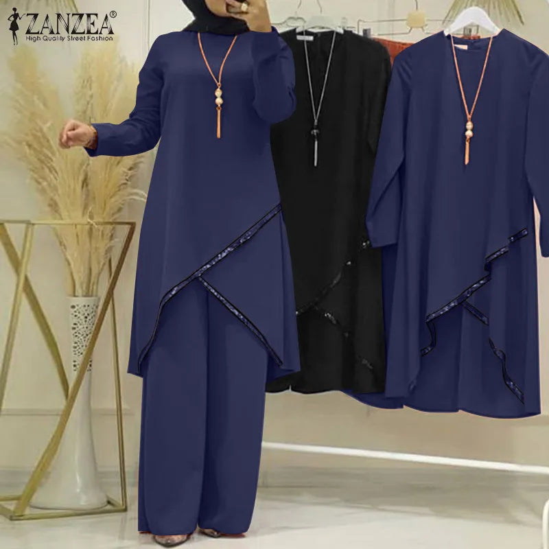 ZANZEA Fashion Tracksuit Muslim Women Long Sleeve Blouse Abaya Suits Sequins Islamic Clothing Loose Matching Sets 2PCS