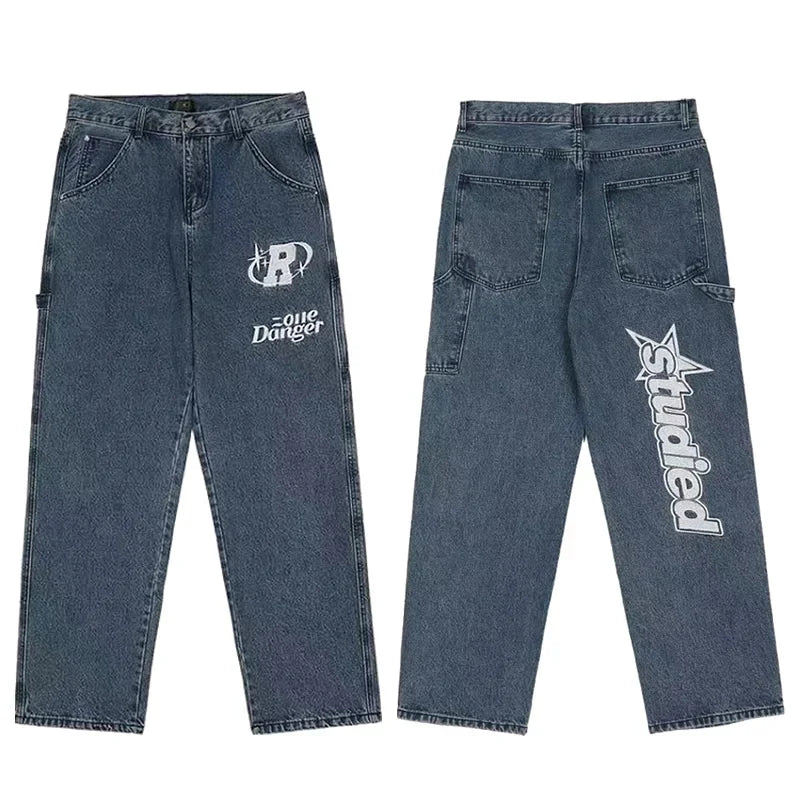Y2K Women Fashion Streetwear Casual Letter Print Straight Wide Leg Pants Baggy Denim Trousers Men Low Rise Jeans Clothes