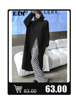 [EAM] Women Black Hollow Out Big Size Midi Shirt Dress New Lapel Long Sleeve Loose Fit Fashion Tide Spring Autumn 2024 1DF6037