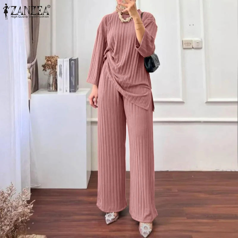 ZANZEA Women Muslim Matching Sets Autumn 2PCS Long Sleeve Blouse Wide Leg Pants Sets Fashion Tracksuit Winter Outifits Oversize