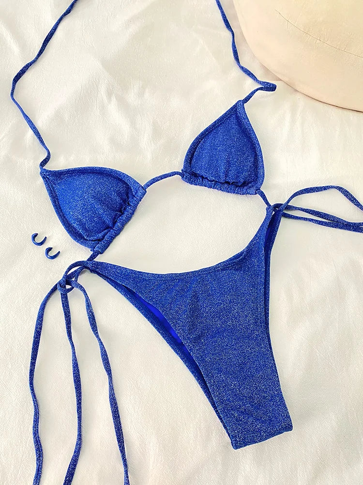 ZRTAK Shiny Swimsuit Sexy Swimwear Women Triangle Bikinis Solid  Bathing Suit Thongs Bikinis Sets String Beachwear