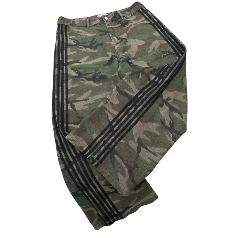 Y2k street new striped camouflage design men jeans Goth trend hip hop wide leg pants couple fashion casual loose straight pants
