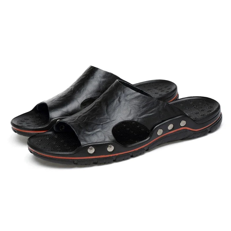 YRZL Slippers Mens PU Leather Classic Summer Men Sandals Soft Brown Outdoor Comfortable Slippers Lightweight EVA Slides for Men