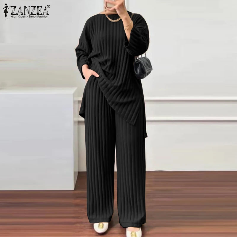 ZANZEA Women Muslim Matching Sets Autumn 2PCS Long Sleeve Blouse Wide Leg Pants Sets Fashion Tracksuit Winter Outifits Oversize