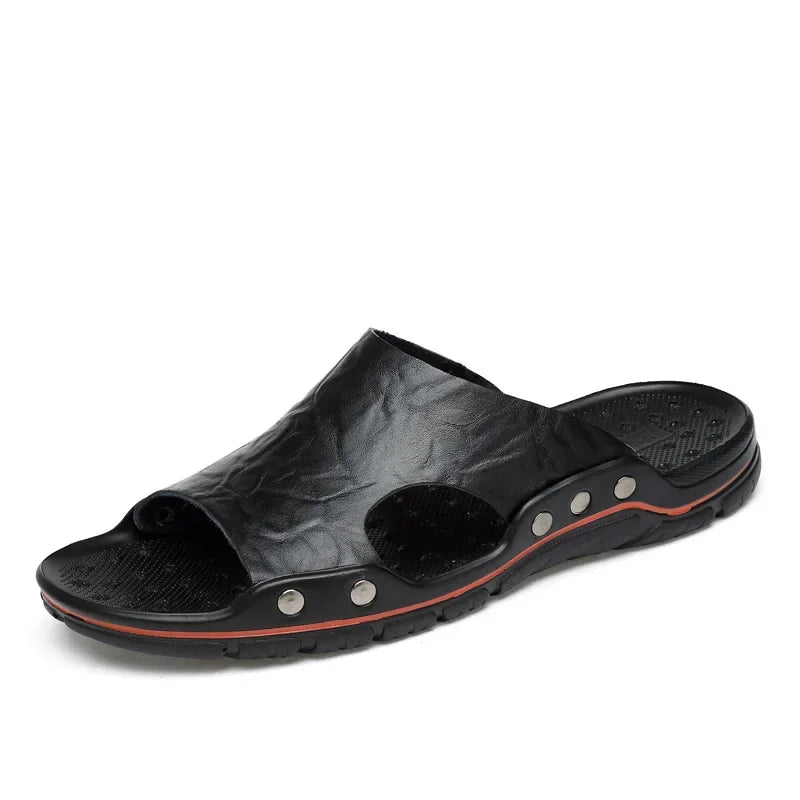 YRZL Slippers Mens PU Leather Classic Summer Men Sandals Soft Brown Outdoor Comfortable Slippers Lightweight EVA Slides for Men