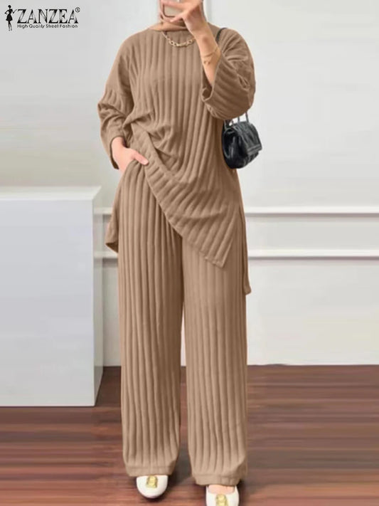 ZANZEA Women Muslim Matching Sets Autumn 2PCS Long Sleeve Blouse Wide Leg Pants Sets Fashion Tracksuit Winter Outifits Oversize