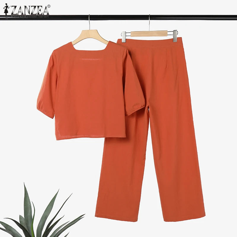 ZANZEA Elegant Women Fashion Puff Sleeve Pant Sets 2PCS Solid OL Work Trousers Suits Tracksuit 2023 Summer Matching Sets