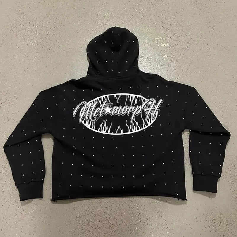 Y2K Rhinestone Hoodies Women Gothic Black Pullover Oversized Sweatshirts Female Retro Harajuku Hooded Jacket Streetwear Men Top