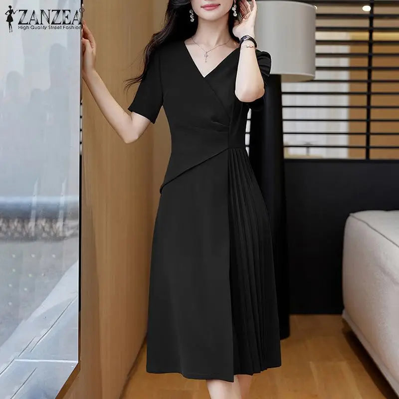 ZANZEA Elegant V Neck Party Dresses 2024 Summer Women Korean Fashion Solid Color Vestidos Short Sleeve Pleated Draped Midi Dress