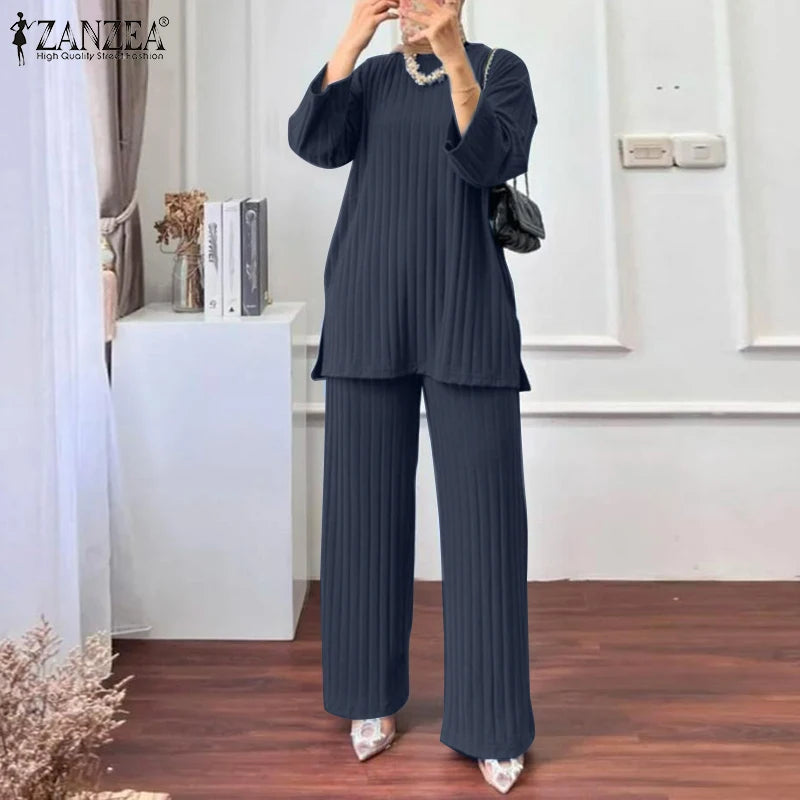 ZANZEA Women Muslim Matching Sets Autumn 2PCS Long Sleeve Blouse Wide Leg Pants Sets Fashion Tracksuit Winter Outifits Oversize