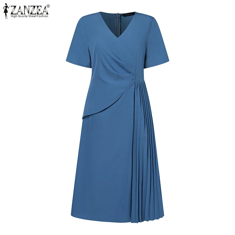 ZANZEA Elegant V Neck Party Dresses 2024 Summer Women Korean Fashion Solid Color Vestidos Short Sleeve Pleated Draped Midi Dress