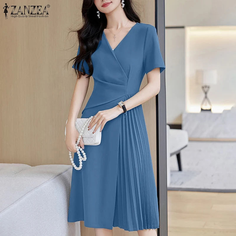 ZANZEA Elegant V Neck Party Dresses 2024 Summer Women Korean Fashion Solid Color Vestidos Short Sleeve Pleated Draped Midi Dress