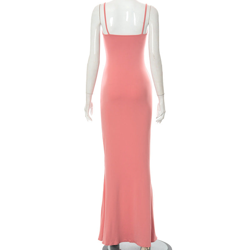 Y2k Women Sexy Bodycon Long Dress Solid Color Spaghetti Strap Low Cut Evening Party Dress Summer Beach Going Out Clothing