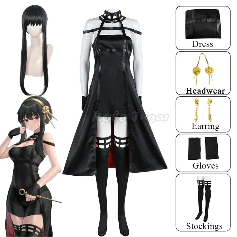 Yor Forger Cosplay Costume Anime Spy X Family Cosplay Wig Dress Suit Black Red Uniform Gothic Halter Halloween Women Clothes