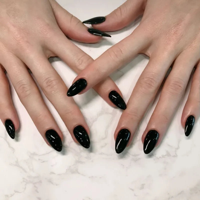 24p Artificial Acrylic Finished Sticky Nails Black Almond Nail Art Fake Nails Handmade Long Ballet Removable Press on Nail Tips
