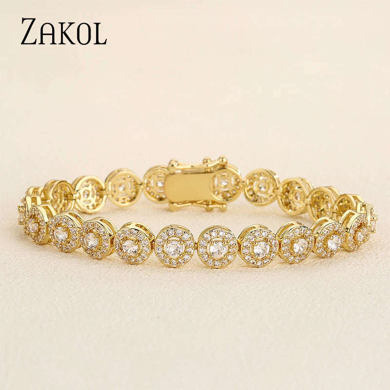 ZAKOL Classic Geometric Round Cubic Zirconia Tennis Bracelet Bangles for Women Charm Luxury Bridal Jewelry Accessories BP2271