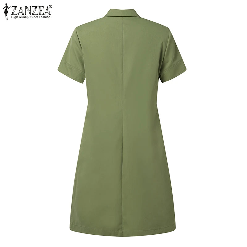 ZANZEA Women Summer Cargo Dress Fashion Solid Shirt Vestidos Vintage Loose OL Work Sundress Green Elegant Holiday Dresses Kaftan