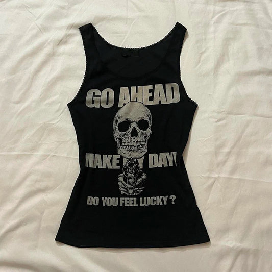Y2K Aesthetic Women Vintage Black Vest Harajuku Skull Print Tank Top Hip Hop Rock Punk Style Sleevless Skinny Cropped Clothes