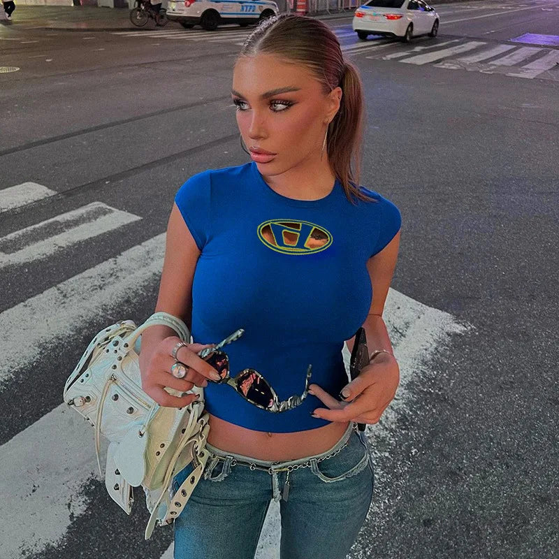 Y2k Top Shirts for Women Fashion Street Spice Girl Slim Show Chest D Embroidery Crop Short Open Umbilical Versatile Top