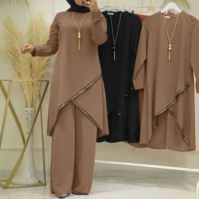 ZANZEA Fashion Tracksuit Muslim Women Long Sleeve Blouse Abaya Suits Sequins Islamic Clothing Loose Matching Sets 2PCS