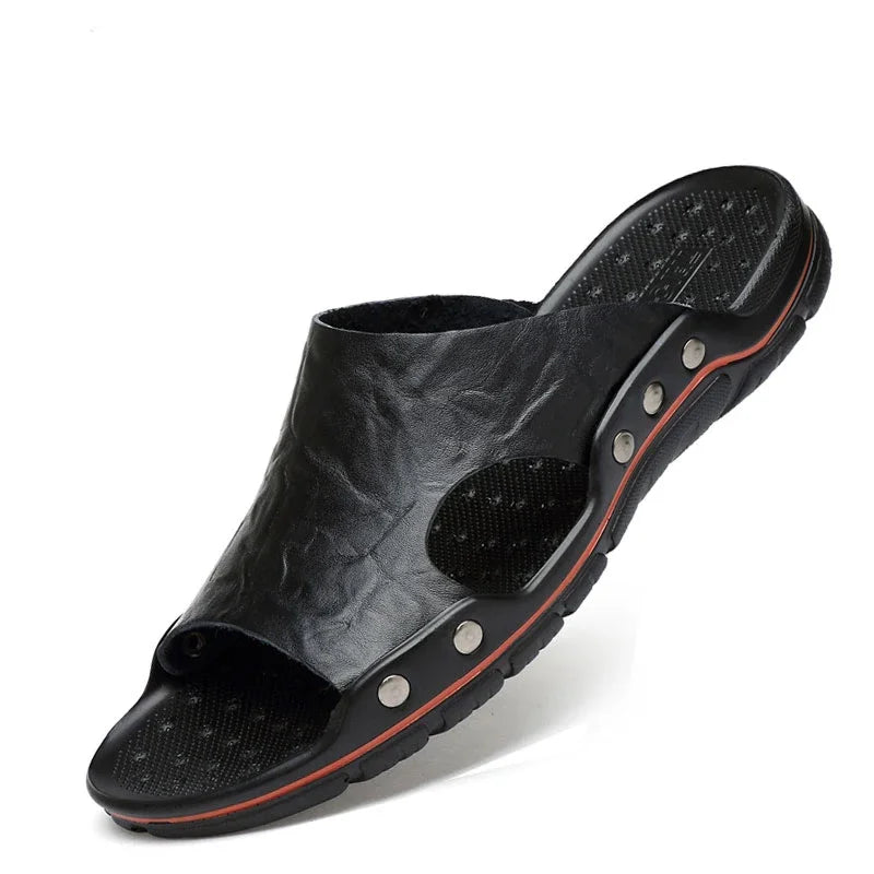 YRZL Slippers Mens PU Leather Classic Summer Men Sandals Soft Brown Outdoor Comfortable Slippers Lightweight EVA Slides for Men