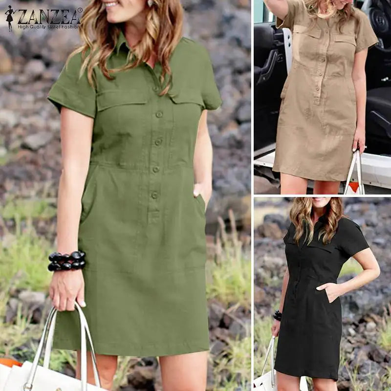 ZANZEA Women Summer Cargo Dress Fashion Solid Shirt Vestidos Vintage Loose OL Work Sundress Green Elegant Holiday Dresses Kaftan