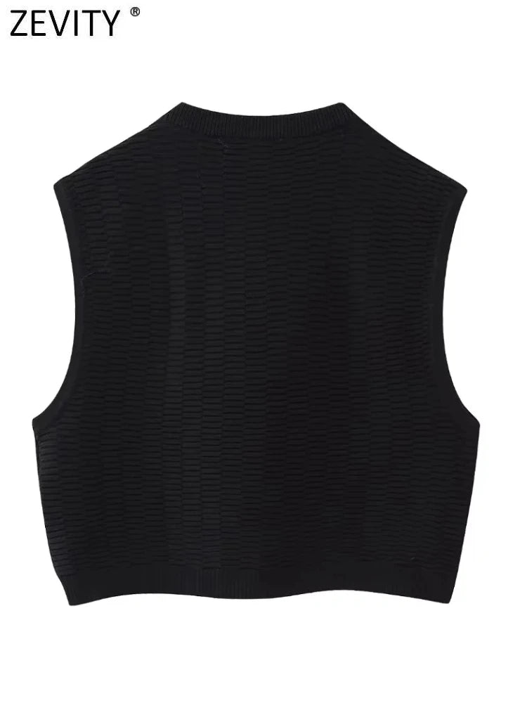 Zevity Women Fashion O Neck Sleeveless Metal Buttons Design Knitting Vest Sweater Female Chic Waistcoat Pullovers Tops SW5065