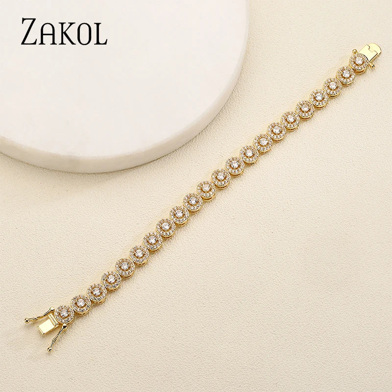 ZAKOL Classic Geometric Round Cubic Zirconia Tennis Bracelet Bangles for Women Charm Luxury Bridal Jewelry Accessories BP2271