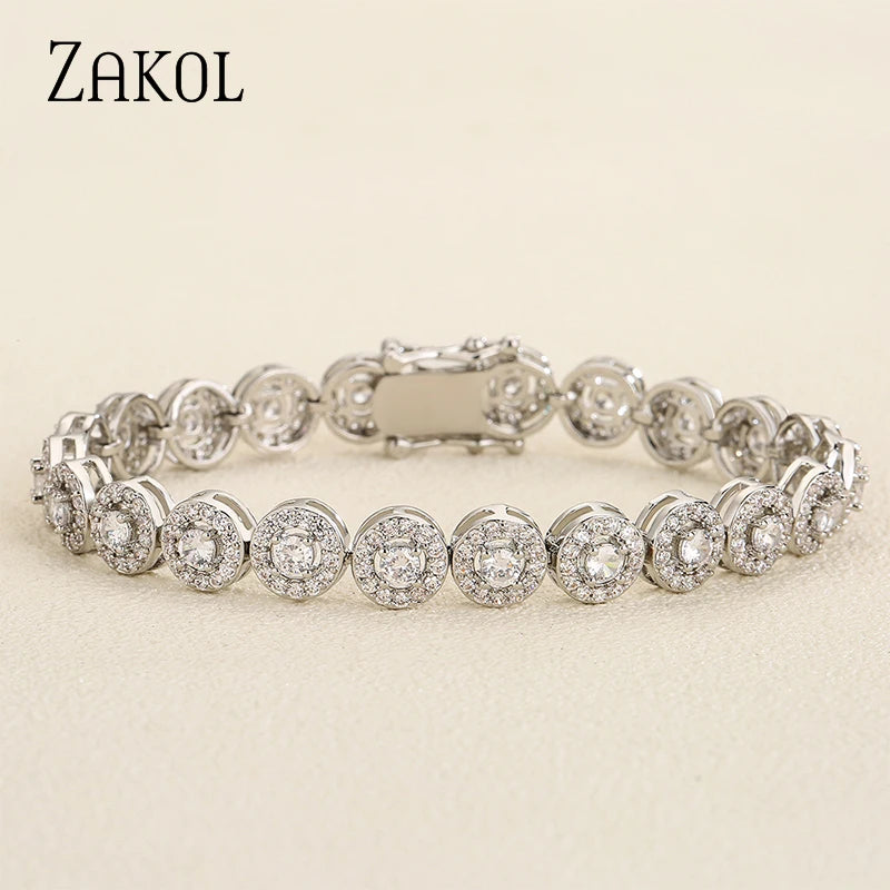 ZAKOL Classic Geometric Round Cubic Zirconia Tennis Bracelet Bangles for Women Charm Luxury Bridal Jewelry Accessories BP2271