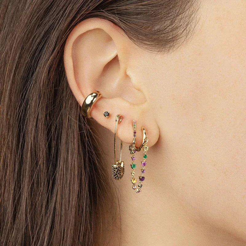 YUXINTOME 1PC 925 Sterling Silver Ear Needle Colorful Zircon Chain Tassel Hoop Earrings for Women Two Holes Earring Jewelry A45