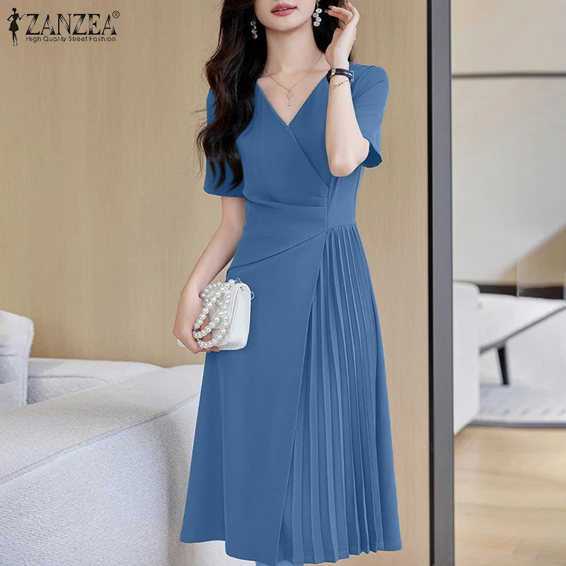 ZANZEA Elegant V Neck Party Dresses 2024 Summer Women Korean Fashion Solid Color Vestidos Short Sleeve Pleated Draped Midi Dress