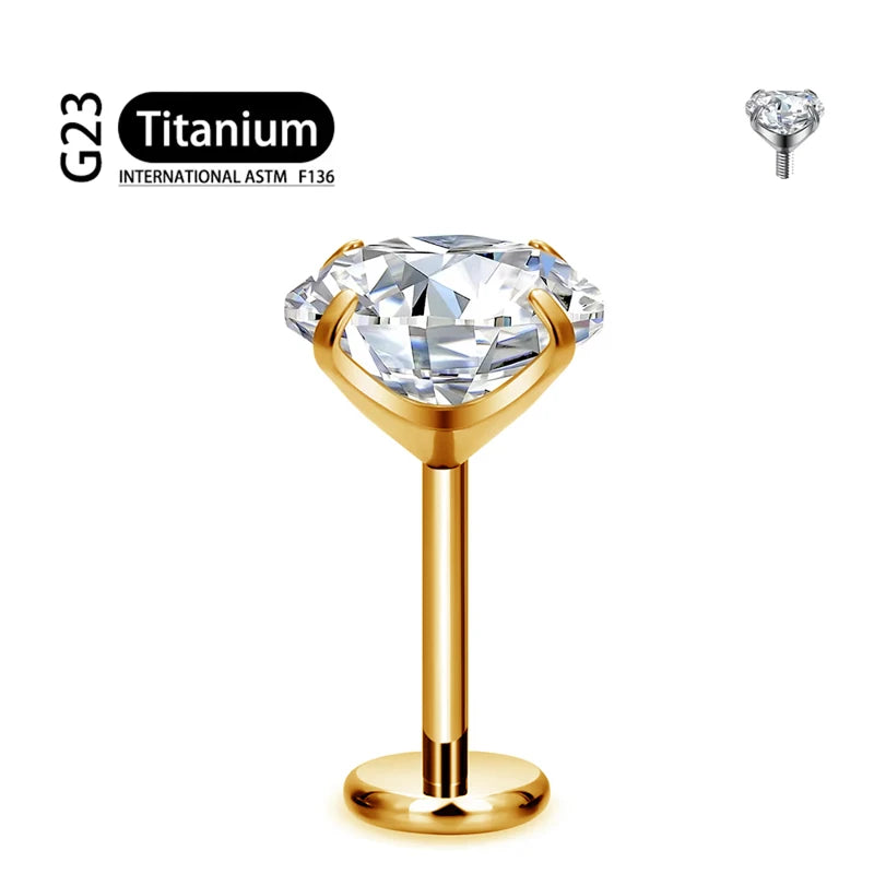 ASTM F136 Titanium 2/2.5/3/4/5/6Mm Cz Labret Stud 16G Tragus Helix Kraakbeen Schelp Flatback Oorlel Piercing Lichaam Sieraden ﻿