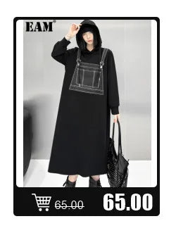 [EAM] Women Black Hollow Out Big Size Midi Shirt Dress New Lapel Long Sleeve Loose Fit Fashion Tide Spring Autumn 2024 1DF6037