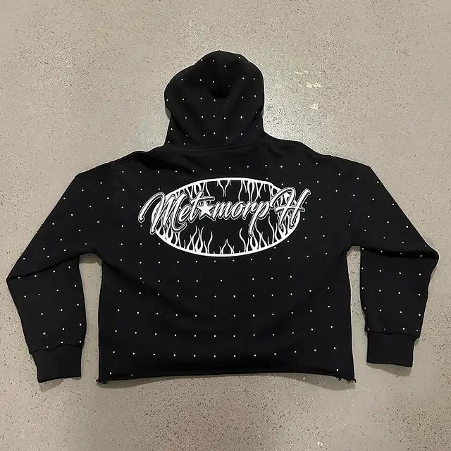 Y2K Rhinestone Hoodies Women Gothic Black Pullover Oversized Sweatshirts Female Retro Harajuku Hooded Jacket Streetwear Men Top