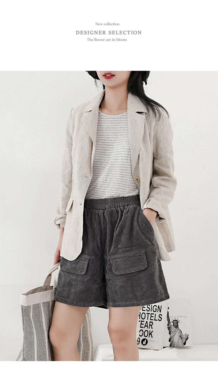 100% Linen Women Blazer Casual Notched Collar Long Sleeve Singgle Breasted Office Lady Outerwear Stylish Tops Retro Coat