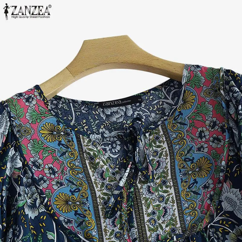 ZANZEA V-Neck Short Sleeve Floral Printed Sundress Women Summer Bohemian Dress Vintage Loose Elegant Casual Holiday Beach Robe