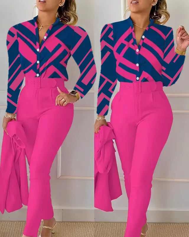 Elegant Women Printed Two Piece Suit Sets Spring Autumn V Neck Long Sleeve Shirt Top & Long Pants Set With Belt Workwear Outfits