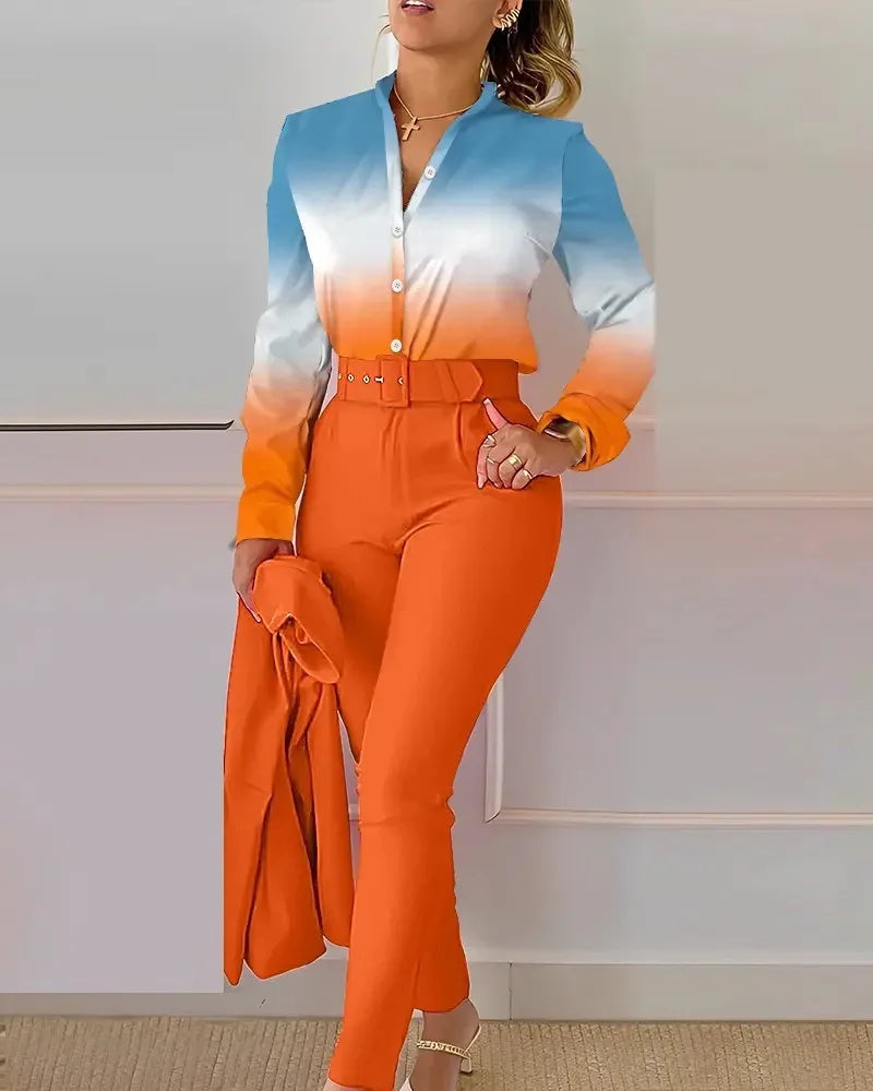 Elegant Women Printed Two Piece Suit Sets Spring Autumn V Neck Long Sleeve Shirt Top & Long Pants Set With Belt Workwear Outfits