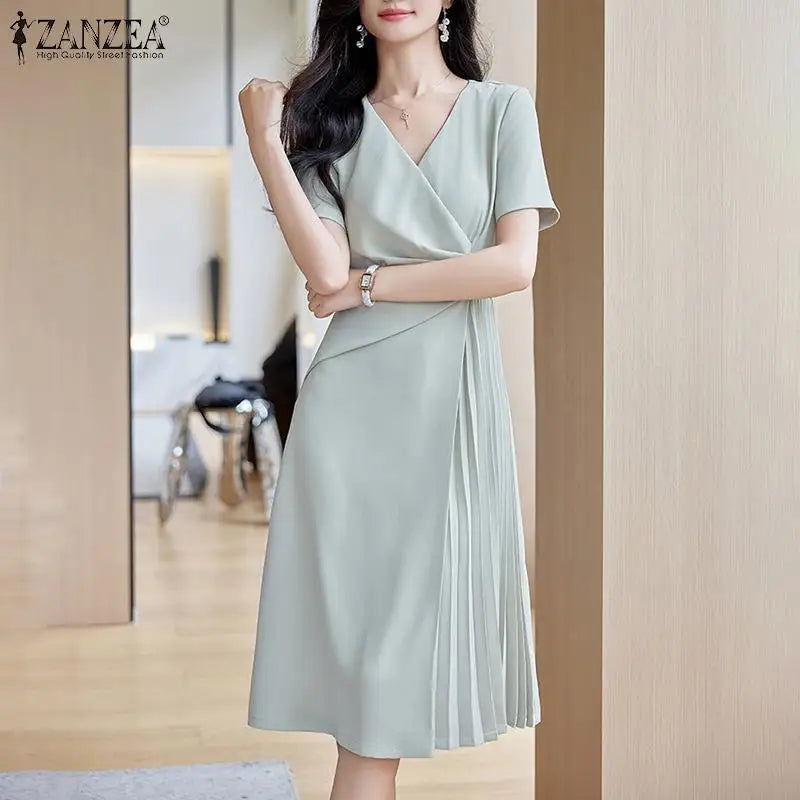 ZANZEA Elegant V Neck Party Dresses 2024 Summer Women Korean Fashion Solid Color Vestidos Short Sleeve Pleated Draped Midi Dress