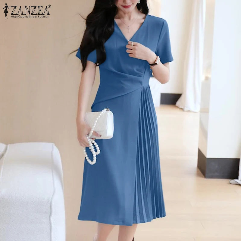 ZANZEA Elegant V Neck Party Dresses 2024 Summer Women Korean Fashion Solid Color Vestidos Short Sleeve Pleated Draped Midi Dress