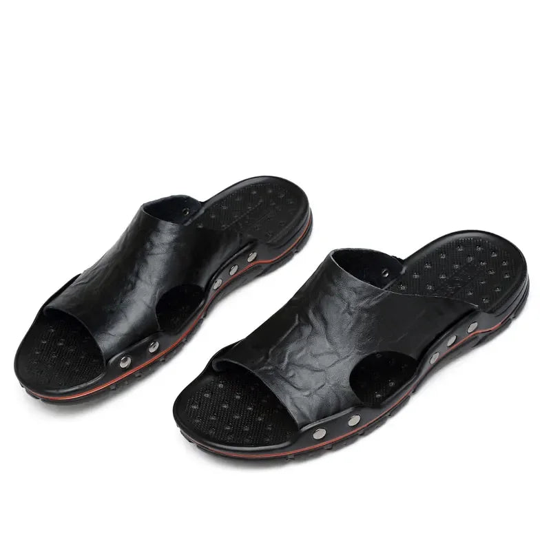 YRZL Slippers Mens PU Leather Classic Summer Men Sandals Soft Brown Outdoor Comfortable Slippers Lightweight EVA Slides for Men