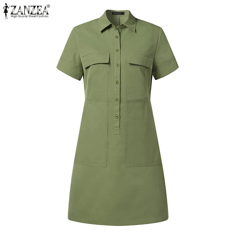 ZANZEA Women Summer Cargo Dress Fashion Solid Shirt Vestidos Vintage Loose OL Work Sundress Green Elegant Holiday Dresses Kaftan