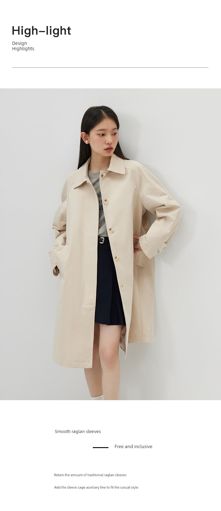 Ziqiao K-style Lapel Mid-Length Raglan Sleeve Trench Coat