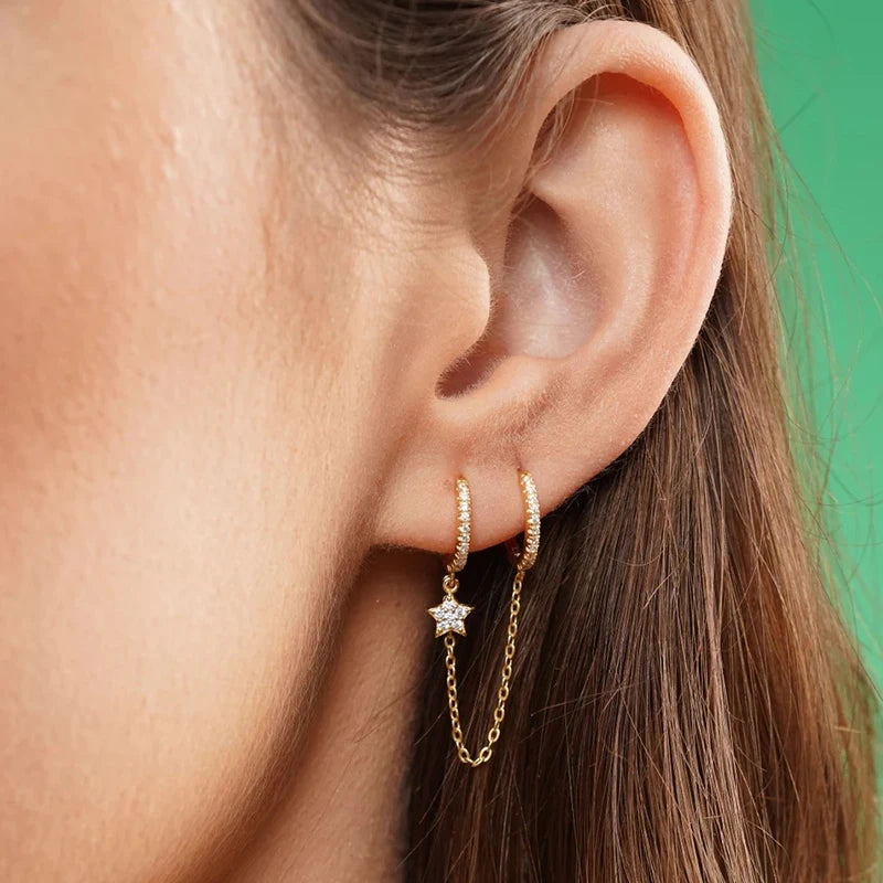 YUXINTOME 1PC 925 Sterling Silver Ear Needle Colorful Zircon Chain Tassel Hoop Earrings for Women Two Holes Earring Jewelry A45
