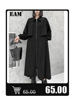 [EAM] Women Black Hollow Out Big Size Midi Shirt Dress New Lapel Long Sleeve Loose Fit Fashion Tide Spring Autumn 2024 1DF6037