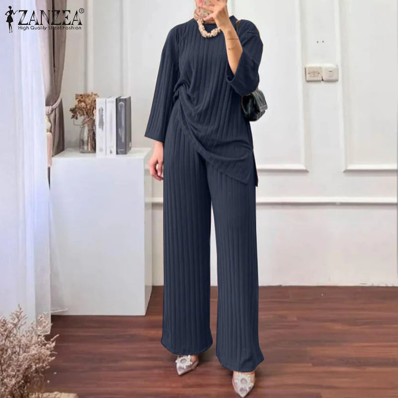 ZANZEA Women Muslim Matching Sets Autumn 2PCS Long Sleeve Blouse Wide Leg Pants Sets Fashion Tracksuit Winter Outifits Oversize