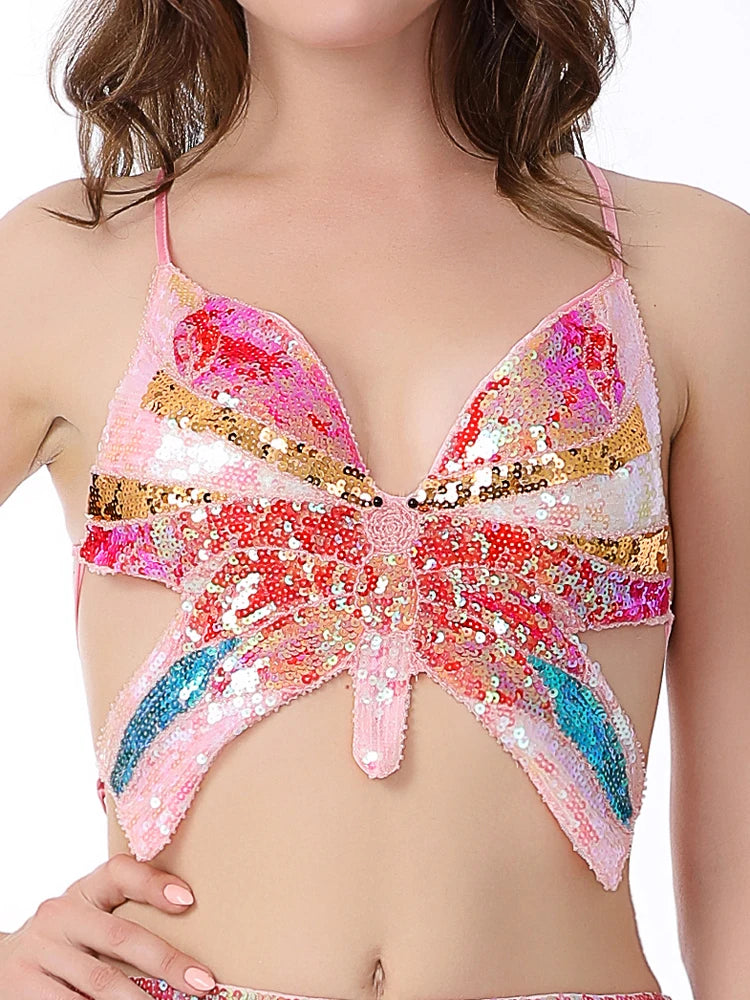 Women's Shimmer Sequin Crop Top Low-Cut Tube Top Sexy Butterfly Lace-up Tank Vest Top Rave Halloween Clubwear Camis